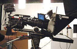 The Red camera with a large Optimo lens works best with a 17” on-camera prompter.