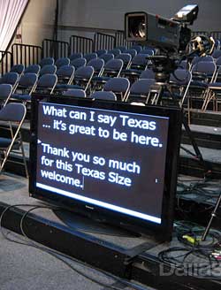 This downstage monitor is farther from the stage; it’s almost in the audience. The presenter doesn’t have to look down so she can look at the audience.