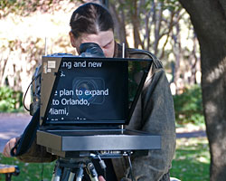 We ran our 15” hi-bright prompter system on battery power during this exterior video shoot.